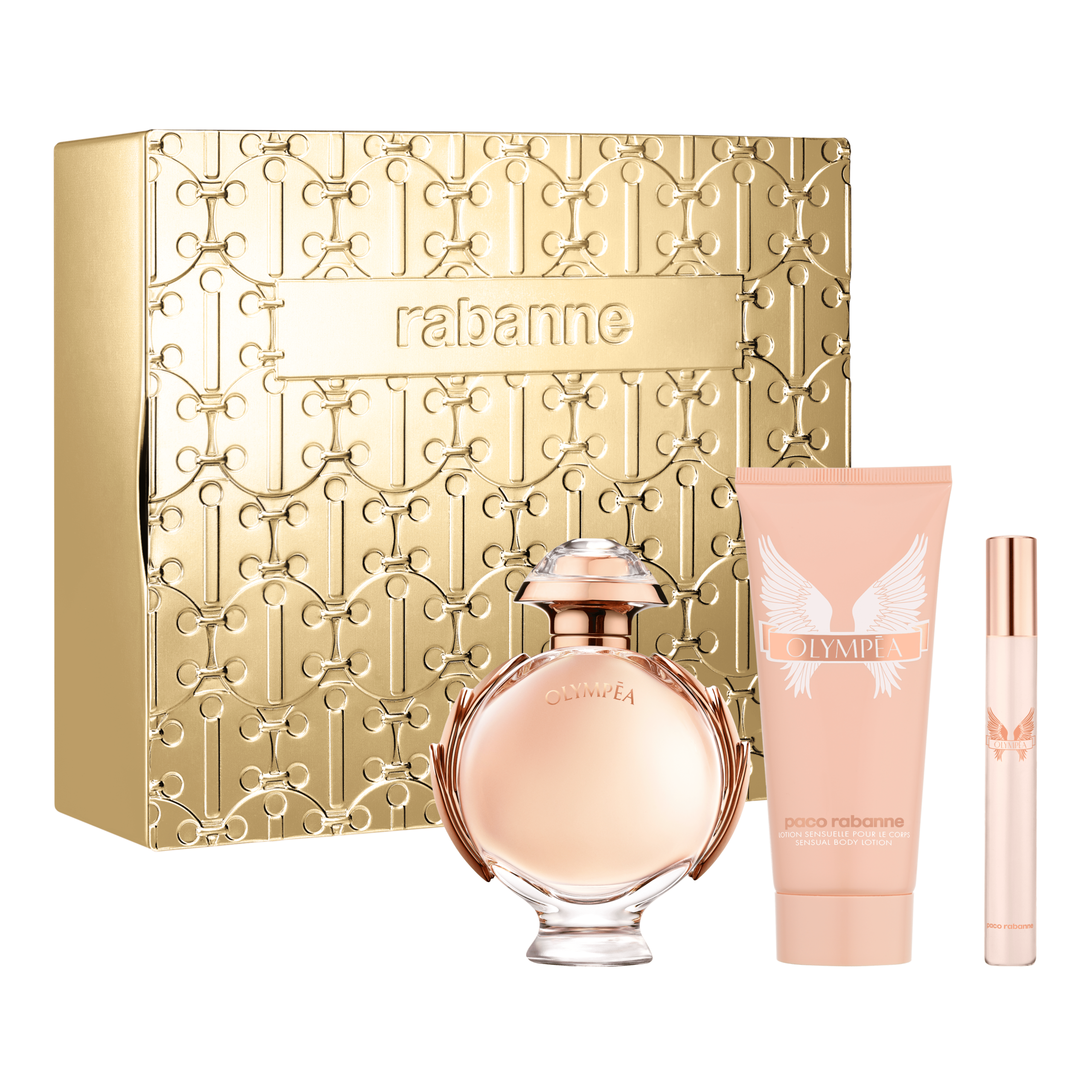 3349668623358_1 Rabanne Olympea Eau De Parfum 80ml Body Lotion 100ml Travel Spray 10ml Gift Set - Image 1